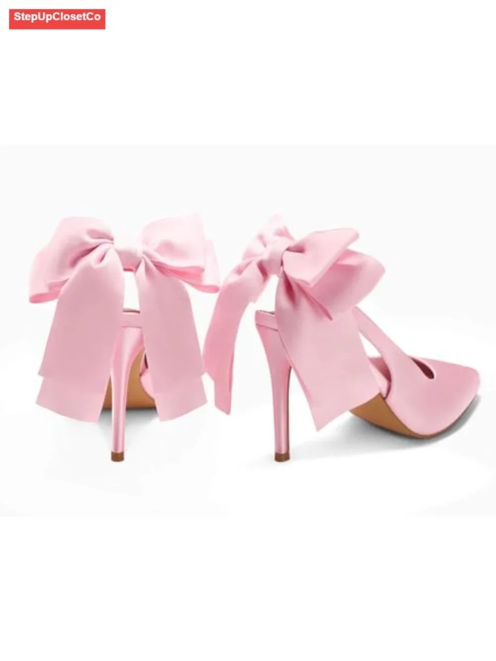 Satin Slingback Pumps with Bow Closed Pointed Toe Stiletto Heels Bridal Dress